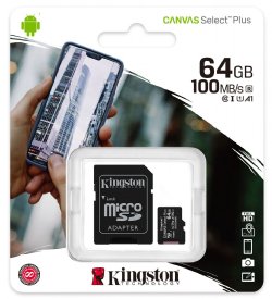 Kingston 64GB micSDXC Canvas Select Plus 100R A1 C10 Card + ADP (SDCS2/64GB) ...