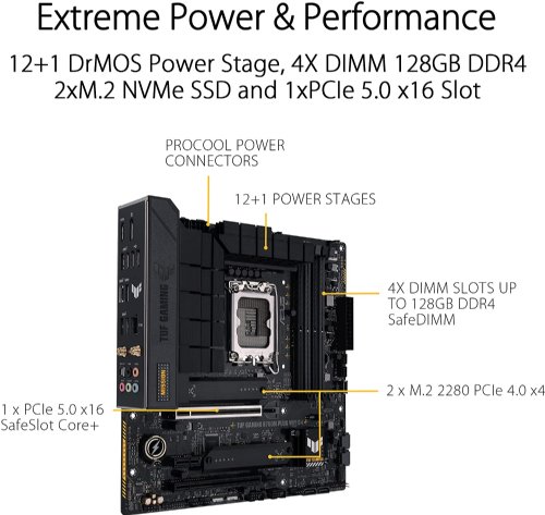 ASUS TUF GAMING B760M-PLUS WIFI D4 Intel B760 (13th and 12th Gen) LGA 1700 ATX motherboard with PCIe 5.0, three PCIe 4.0 M.2 slots, DDR4, Realtek 2.5Gb Ethernet, DisplayPort...