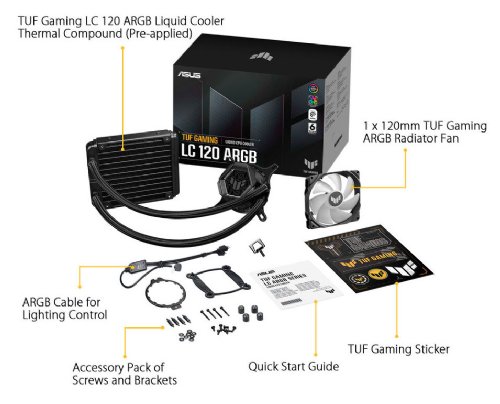 ASUS TUF Gaming LC 120 ARGB all-in-one liquid CPU cooler (Aura Sync, dual TUF 120mm ARGB radiator fans with fan blade groove design)...