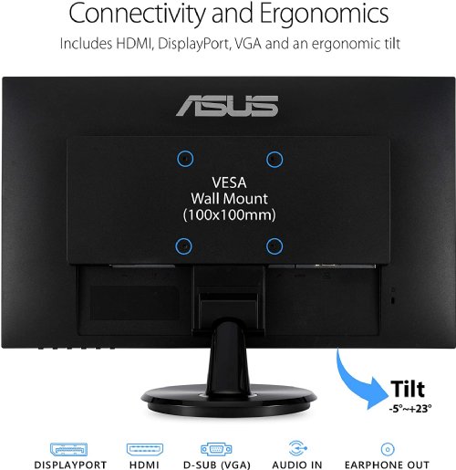 ASUS VA24DQ 23.8" Monitor, 1080P Full HD, 75Hz, IPS Monitor, Adaptive-Sync/FreeSync, Eye Care, HDMI DisplayPort VGA, Frameless, VESA Wall Mountable ...