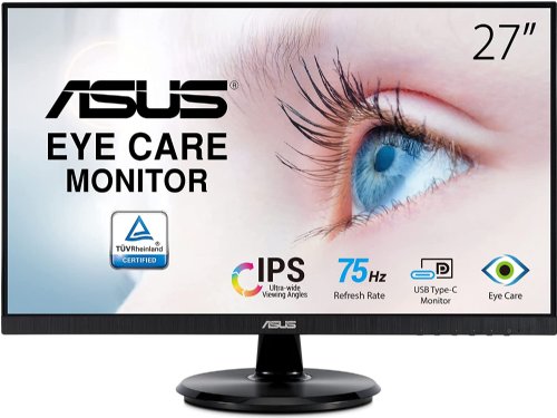 ASUS 27" 1080P Monitor (VA27DCP) - Full HD, IPS, 75Hz, USB-C 65W Power Delivery, Speakers, Adaptive-Sync/FreeSync, Eye Care, Low Blue Light, Flicker Free, VESA Mountable...