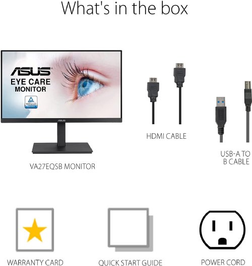 ASUS 27" 1080P Full HD IPS 75Hz Monitor, Adaptive-Sync, Speakers, Eye Care, Low Blue Light, Flicker Free, DisplayPort, HDMI, USB Hub, D-Sub...