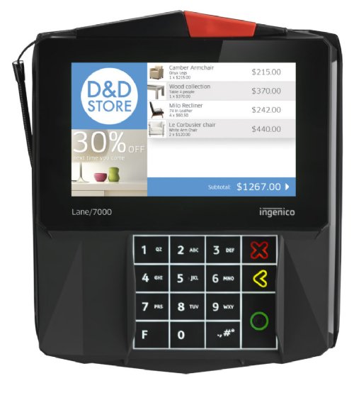Ingenico Lane/7000 Cloud - EMV - This antimicrobial reader allows merchants to take contactless, chip, swipe, and keyed transactions all from one device.